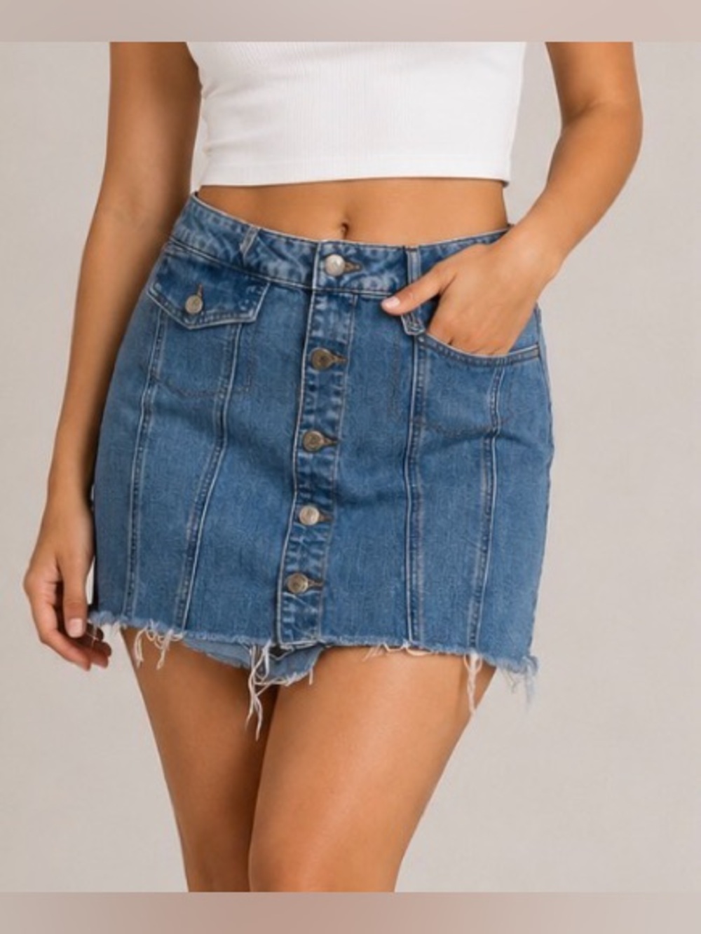 Garage Denim Raw Hem Button-Up Mini Skirt with Pockets Size Large